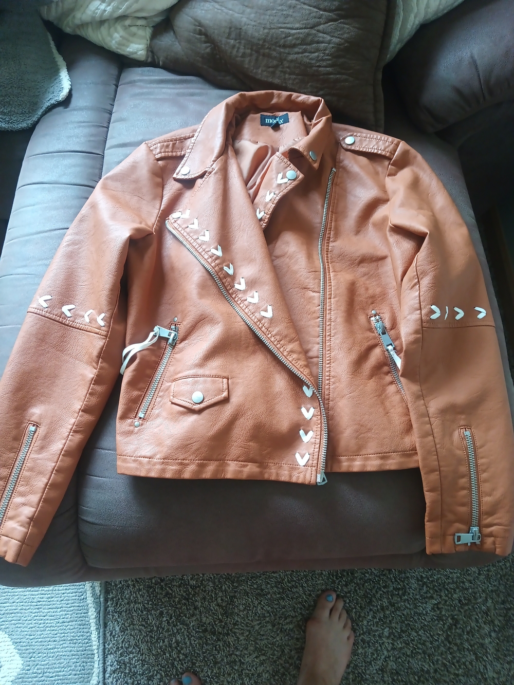 Women's Cognac Faux Leather Moto Jacket with Stud Accents